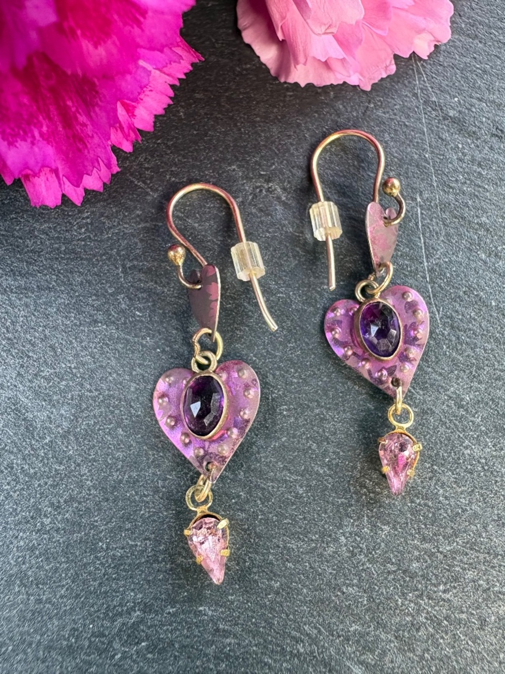 Vintage Holly Yashi Signed Niobium Heart Drop Earrings Amethyst Pink Crystal 90s